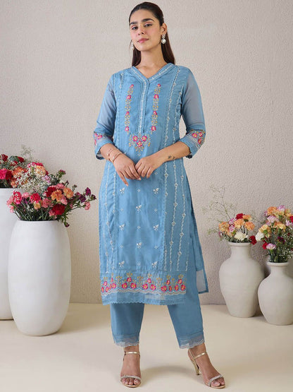 Dhiyona IE Floral Embroidered V-Neck Thread Work Straight Kurta & Trousers & Dupatta
