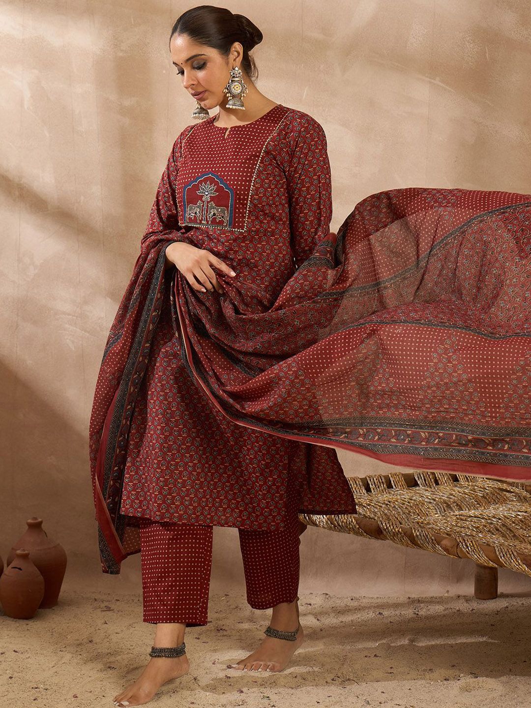 Women Ethnic Motifs Printed Regular Pure Cotton Kurta with Trousers & With Dupatta