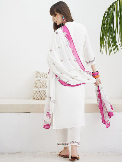 Floral Embroidered Thread Work Pure Cotton Kurta With Trousers & Dupatta