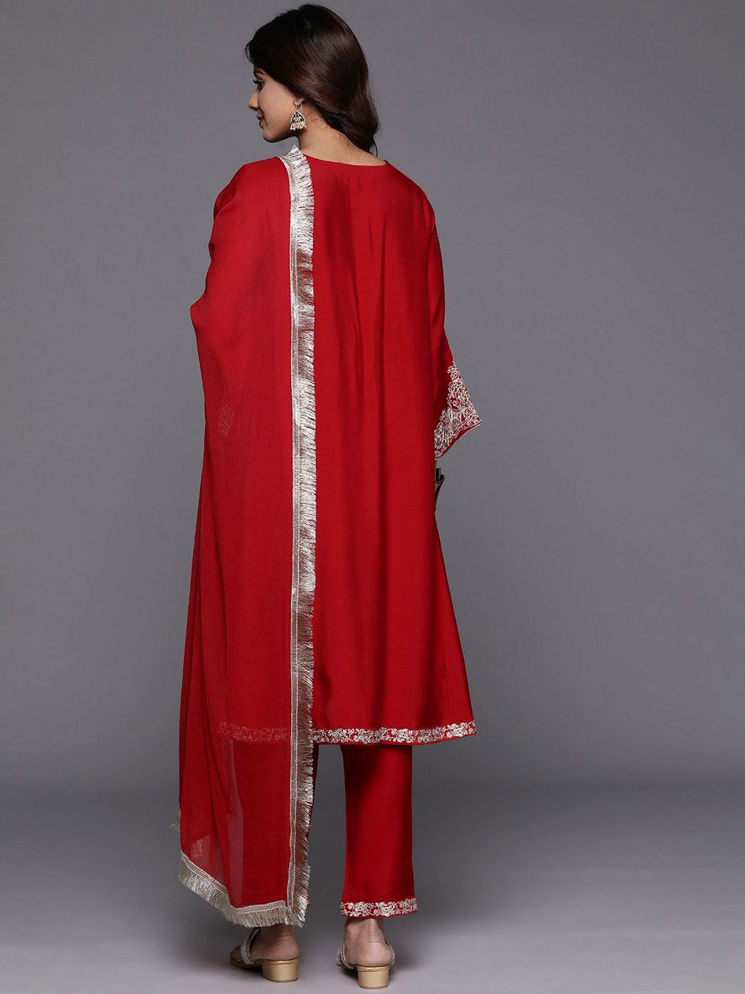 Dhiyona VA Women'sFloral Embroidered Sequinned A-Line Kurta with Trousers with Dupatta