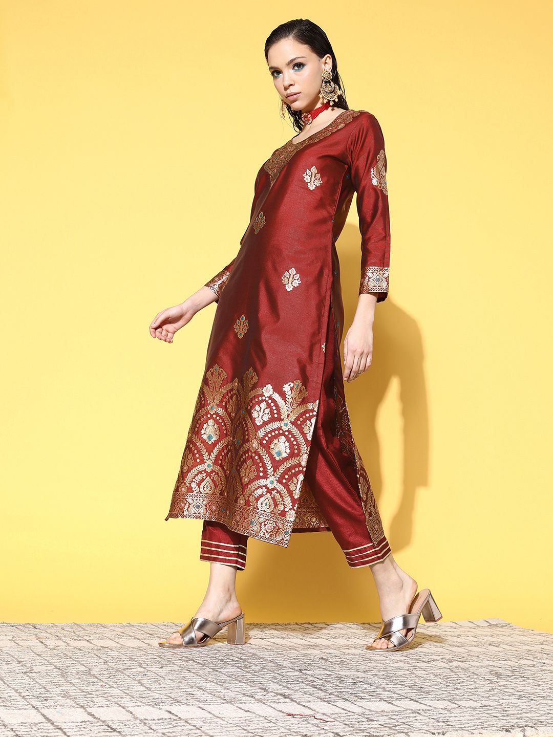 Women Maroon & Gold-Toned Ethnic Motifs Woven Design Kurta with Palazzos