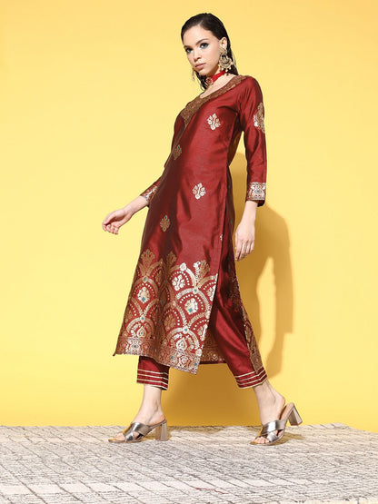 Women Maroon & Gold-Toned Ethnic Motifs Woven Design Kurta with Palazzos