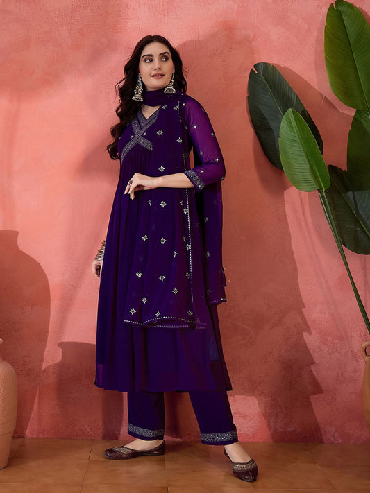Dhiyona SN Women's Solid Floral Embroidered A-Line Pleated Empire Kurta & Trousers With Dupatta
