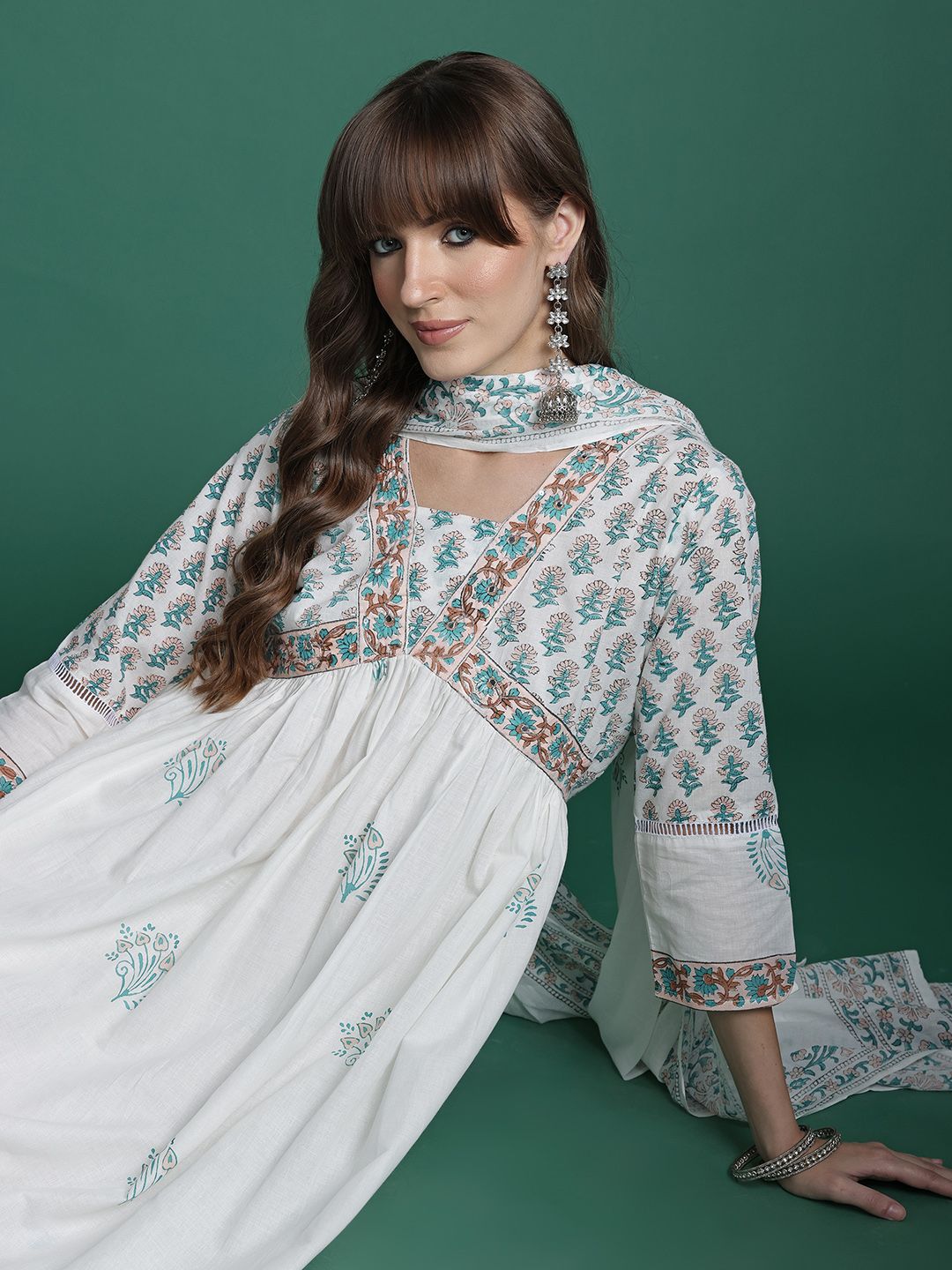 Dhiyona IE Floral Printed Empire Pure Cotton Kurta with Trousers & Dupatta