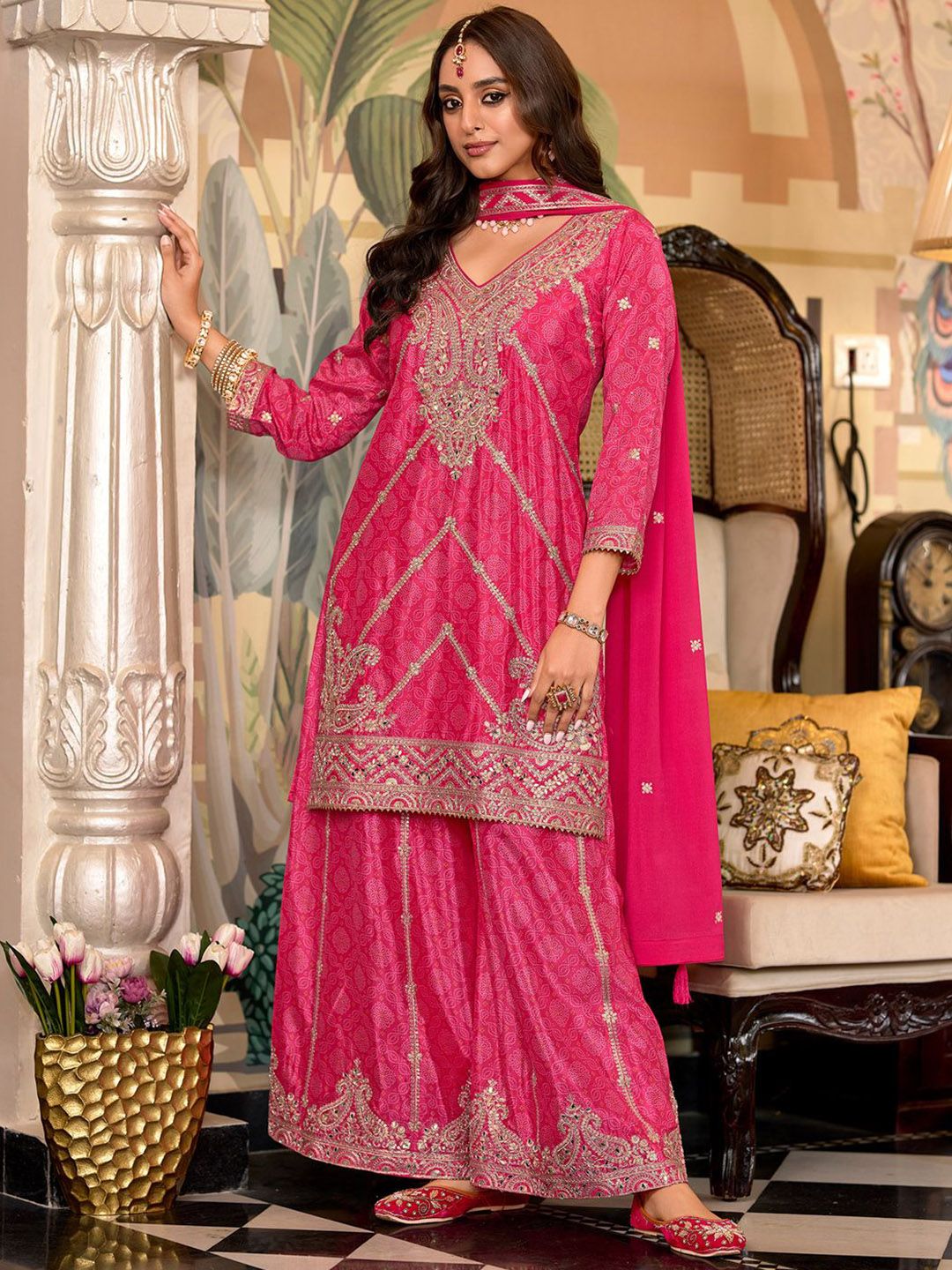 Paisley Embroidered Sequinned Chinon Straight Kurta With Palazzos & Dupatta