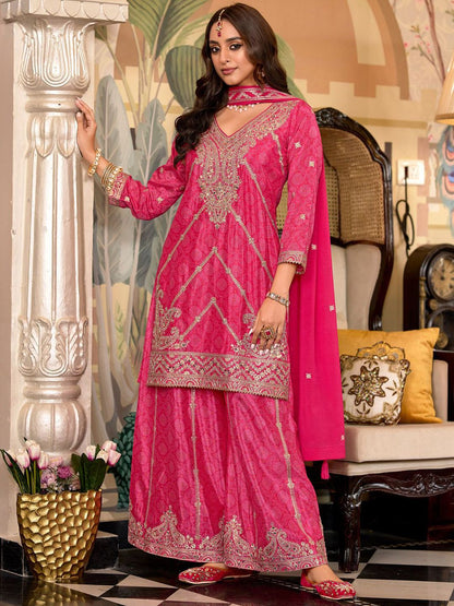 Paisley Embroidered Sequinned Chinon Straight Kurta With Palazzos & Dupatta