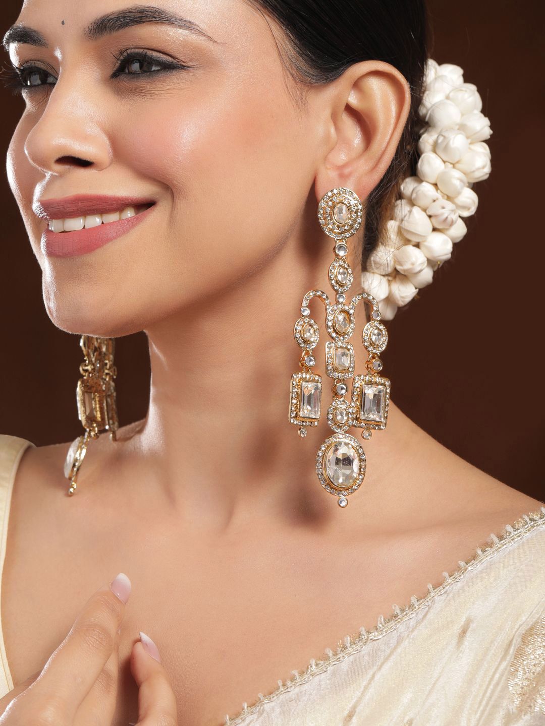 Dhiyona RJ Women's 22K Mehandi Gold-Plated Crystal White Cubic Zirconia Studded Chandelier Earrings
