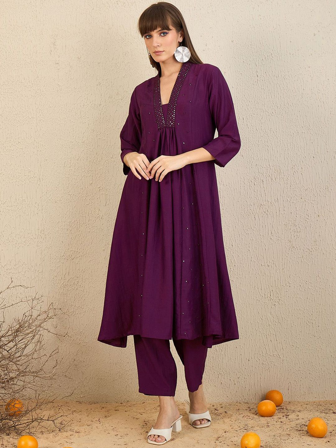 Embroidered Panelled Sequinned A-Line Kurta with Trousers