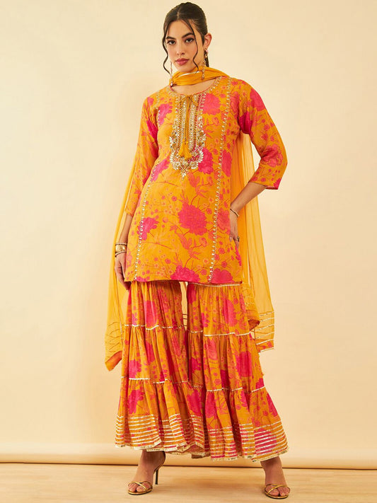 Dhiyona SO Women's Floral Printed Regular Zardozi Kurta with Sharara & Dupatta