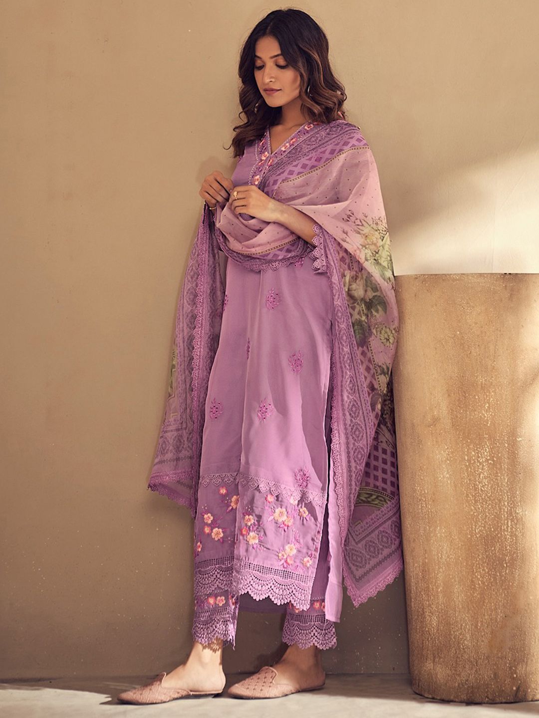Dhiyona IE Lavender Floral Embroidered Thread Work Kurta with Trousers & Dupatta