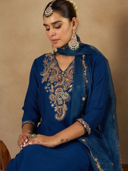 Dhiyona IE Women Ethnic Motifs Embroidered Regular Liva Kurta with Trousers & With Dupatta