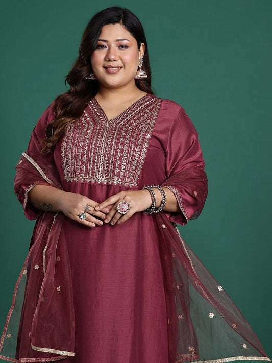 Dhiyona IE Plus Size Ethnic Motifs Embroidered Sequinned Kurta With Trousers & Dupatta