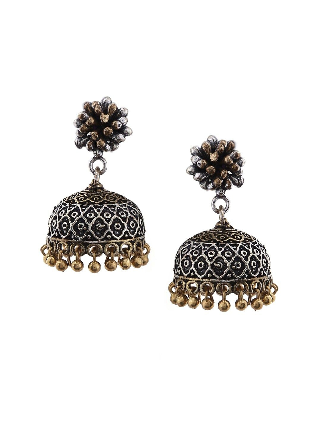 Dhiyona RJ Women's Oxidised Silver-Plated Dual-Tone with Gold Beaded Drops Jhumka Earrings