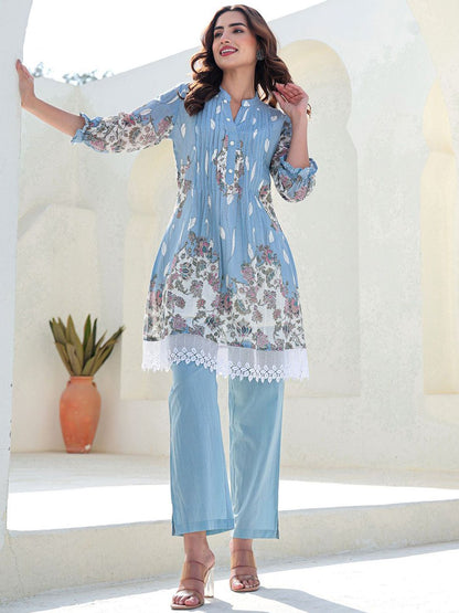 Floral Printed Mandarin Collar A-Line Pure Cotton Kurta With Trousers