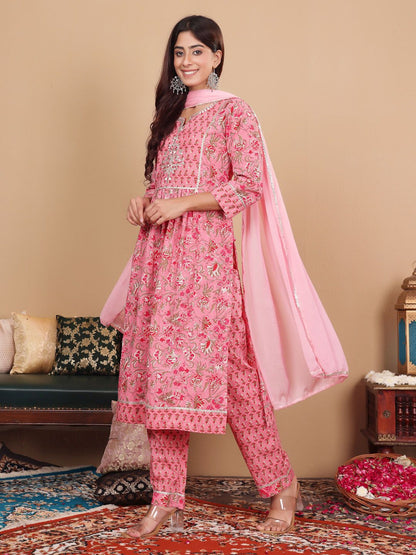 Dhiyona VA Women'sPink Floral Printed Pure Cotton Kurta with Trousers & With Dupatta