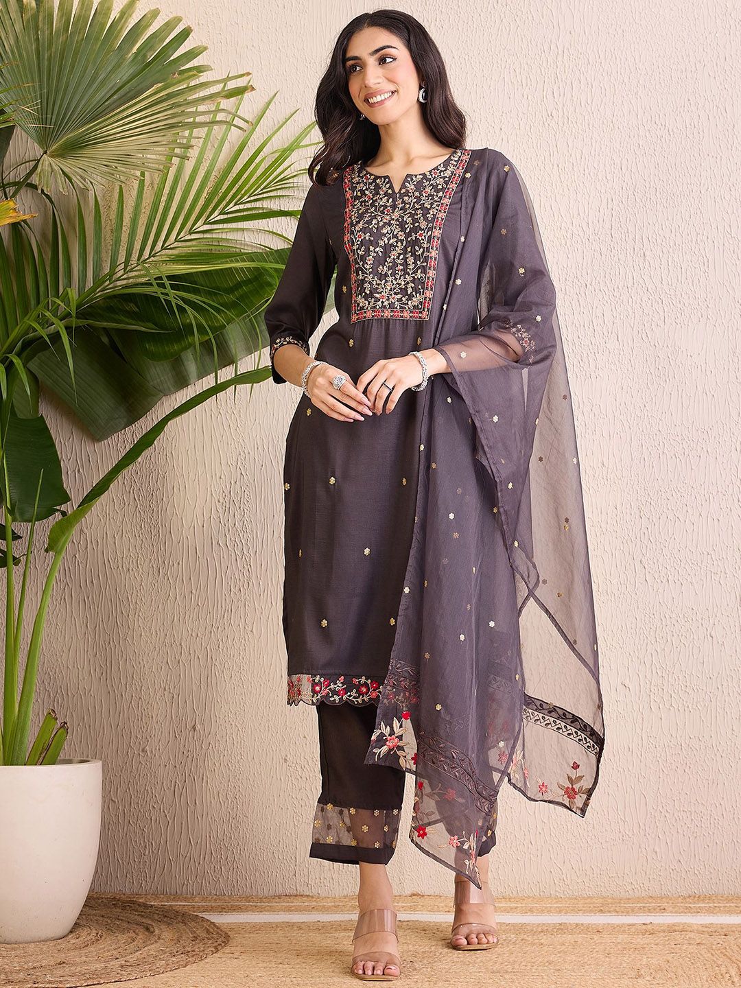 Dhiyona IE Floral Embroidered Notch Neck Straight Kurta With Trousers & Dupatta