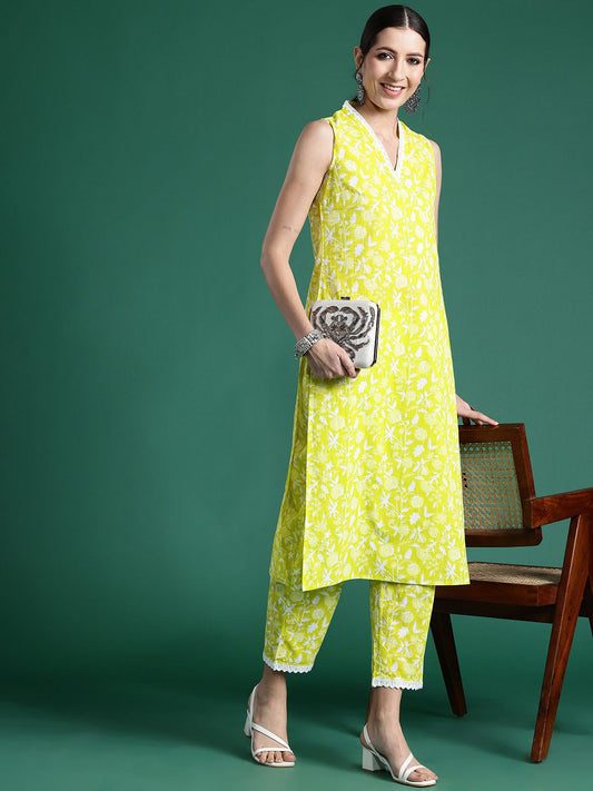 Dhiyona IE Floral Printed Pure Cotton Kurta with Trousers