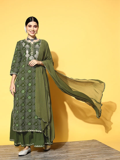 Women Green Ethnic Motifs Printed Gotta Patti Kurta with Sharara & With Dupatta
