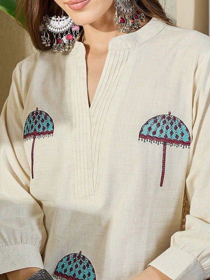 Dhiyona IE Embroidered Mandarin Collar Pure Cotton Tunic With Trousers