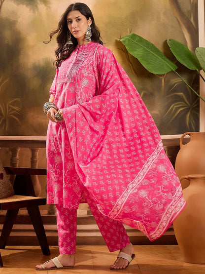 Dhiyona SN Women's Floral Printed Mandarin Collar Pure Cotton Straight Kurta With Trouser And Dupatta
