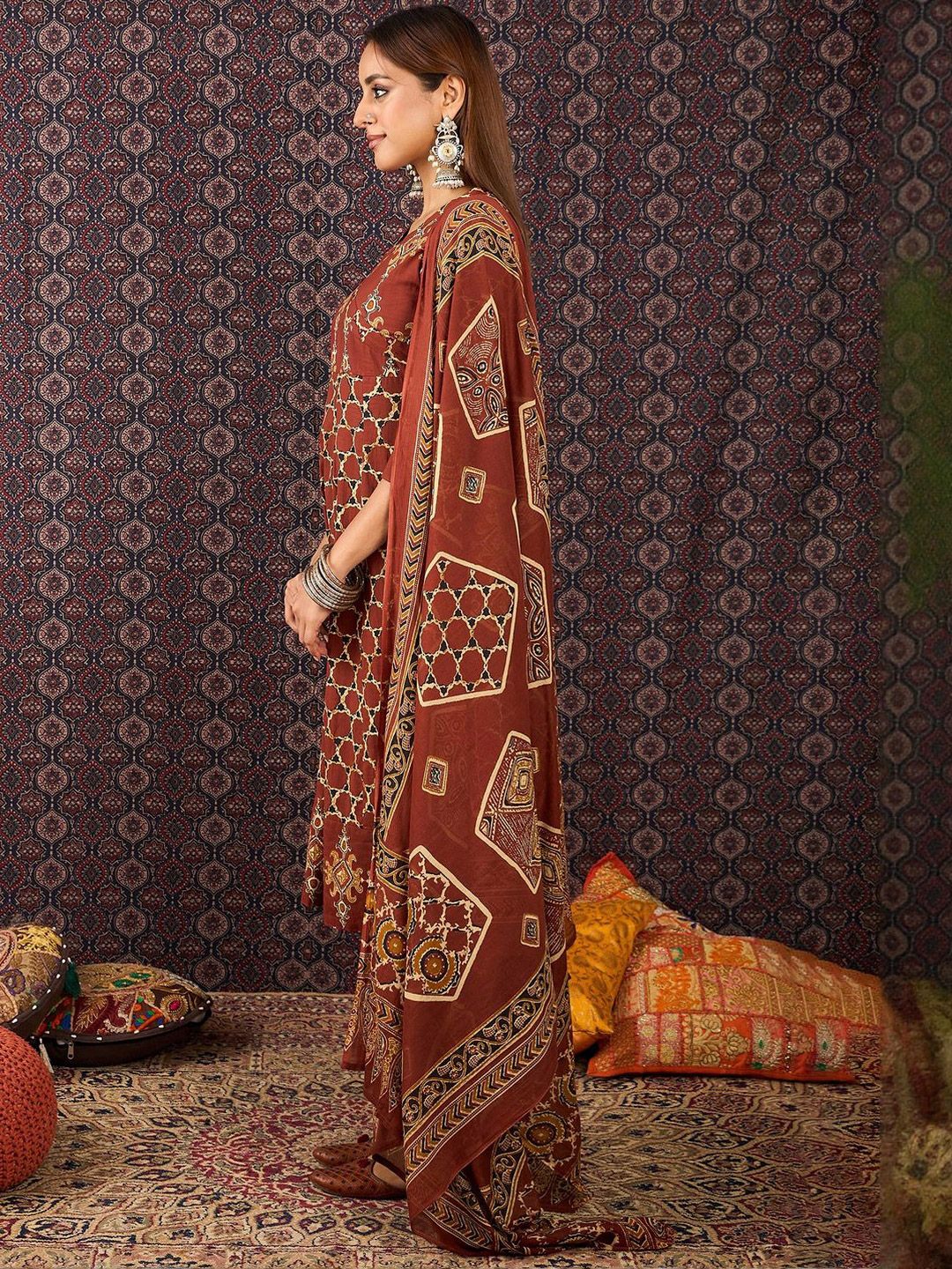 Women Ethnic Motifs Printed Regular Pure Cotton Kurta Trousers With Dupatta