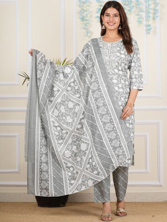 Dhiyona KL Floral Printed Round Neck Thread Work Straight Kurta With Trousers & Dupatta