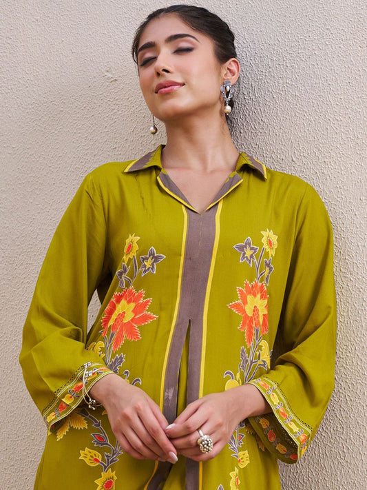 Dhiyona IE Floral Printed Shirt Collar A-Line Tunic & Palazzo