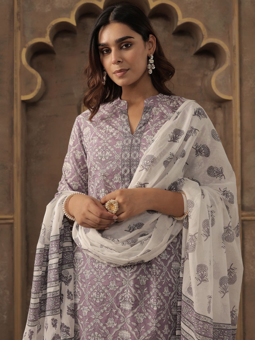 Floral Printed Pure Cotton Mandarin Collar Straight Kurta With Trousers & Dupatta