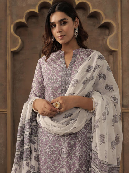 Floral Printed Pure Cotton Mandarin Collar Straight Kurta With Trousers & Dupatta