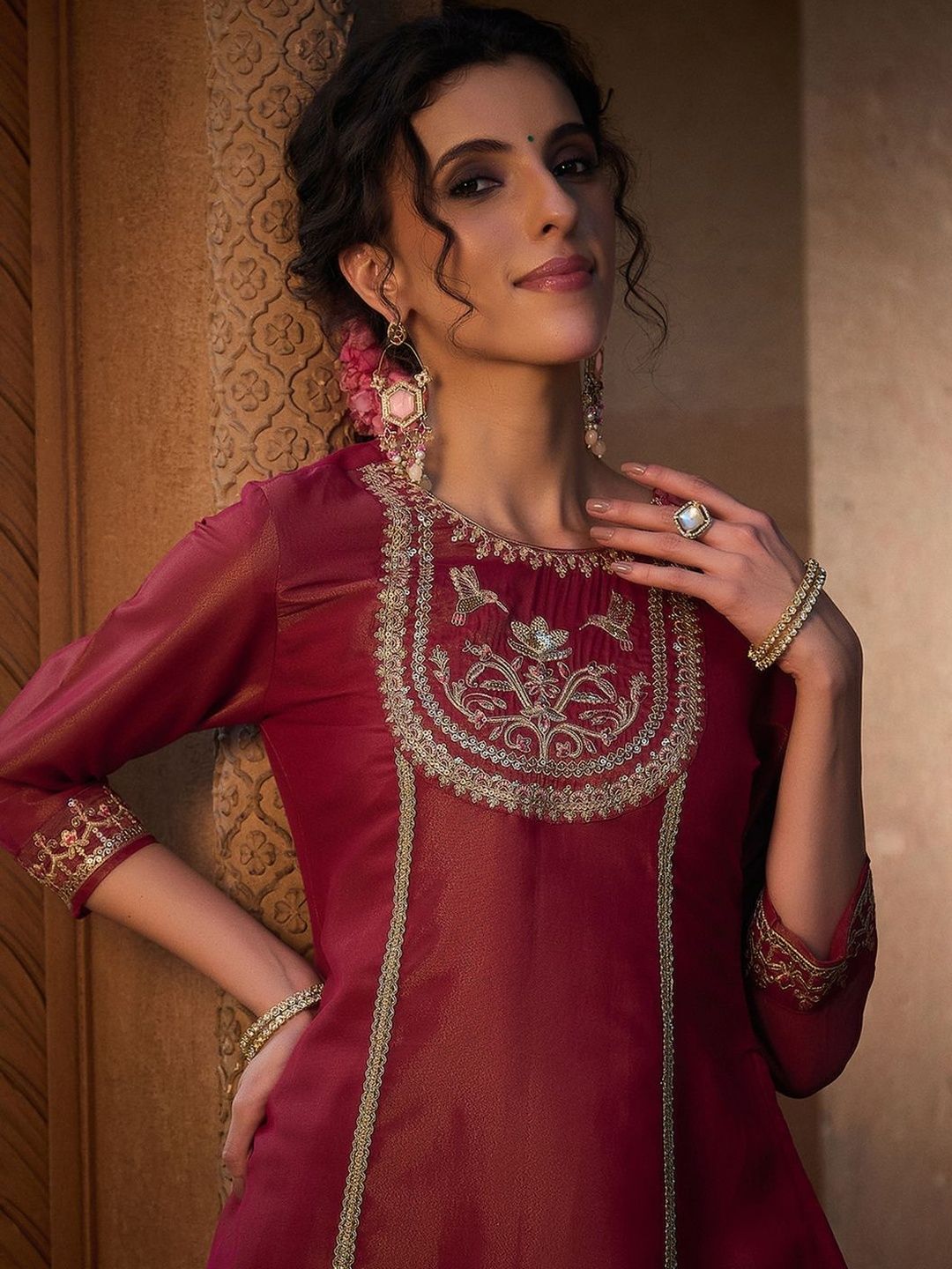 Dhiyona CH Ethnic Motifs Embroidered Thread Work Kurta With Palazzos