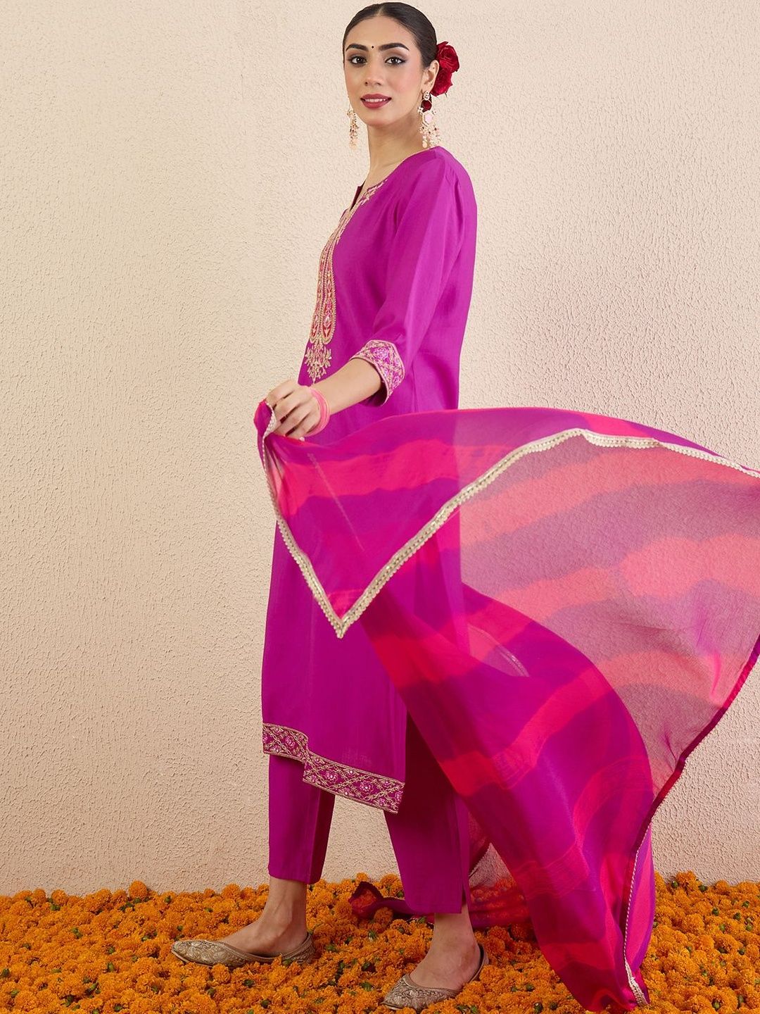 Women Ethnic Motifs Embroidered Regular Thread Work Kurta with Trousers & With Dupatta