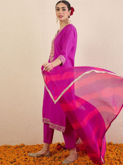 Women Ethnic Motifs Embroidered Regular Thread Work Kurta with Trousers & With Dupatta