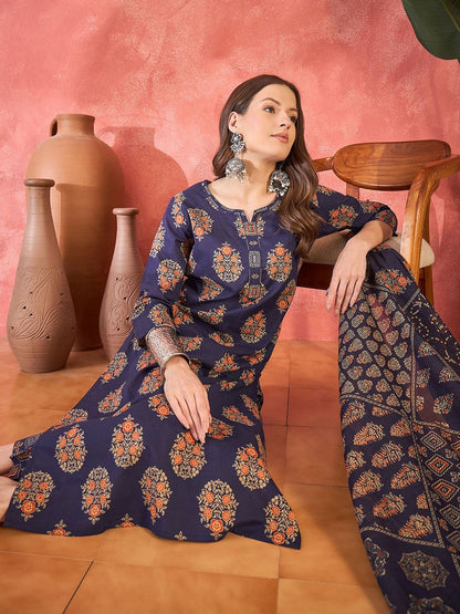 Dhiyona SN Women's Ethnic Motifs Printed Pure Cotton Straight Kurta With Trousers & Dupatta