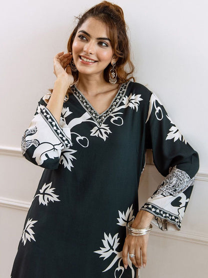 Dhiyona IS Women's Floral Printed V-Neck Flared Sleeves Straight Kurta With Palazzos