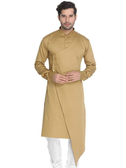 Men's Chiku Cotton Cotton Satin Asymmetric Kurta Pyjama Set