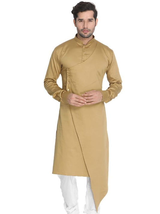 Men's Chiku Cotton Cotton Satin Asymmetric Kurta Pyjama Set