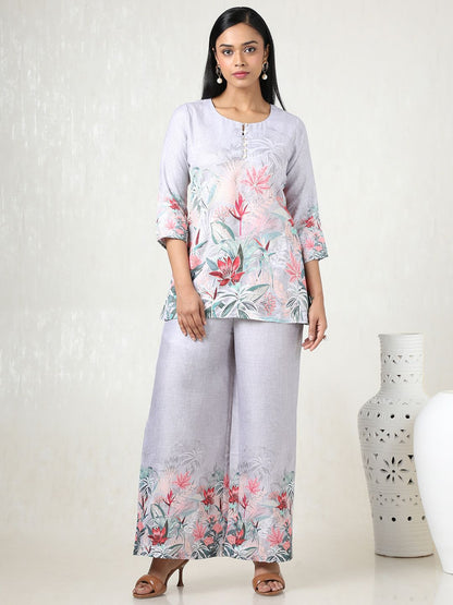 Dhiyona SO Women's Women Floral Printed Regular Linen Kurta with Palazzos
