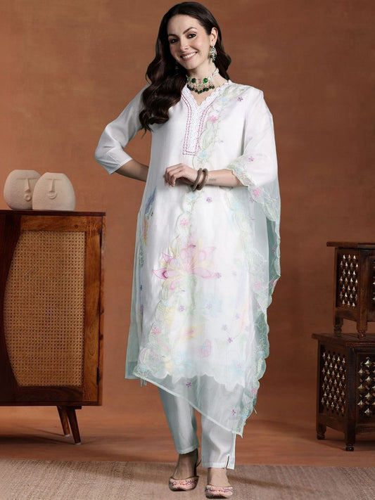 Women Floral Embroidered Regular Thread Work Kurta with Trousers & With Dupatta