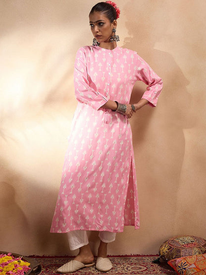 Dhiyona IE Pink and White Mandarin Collar Geometric Printed Straight Kurta