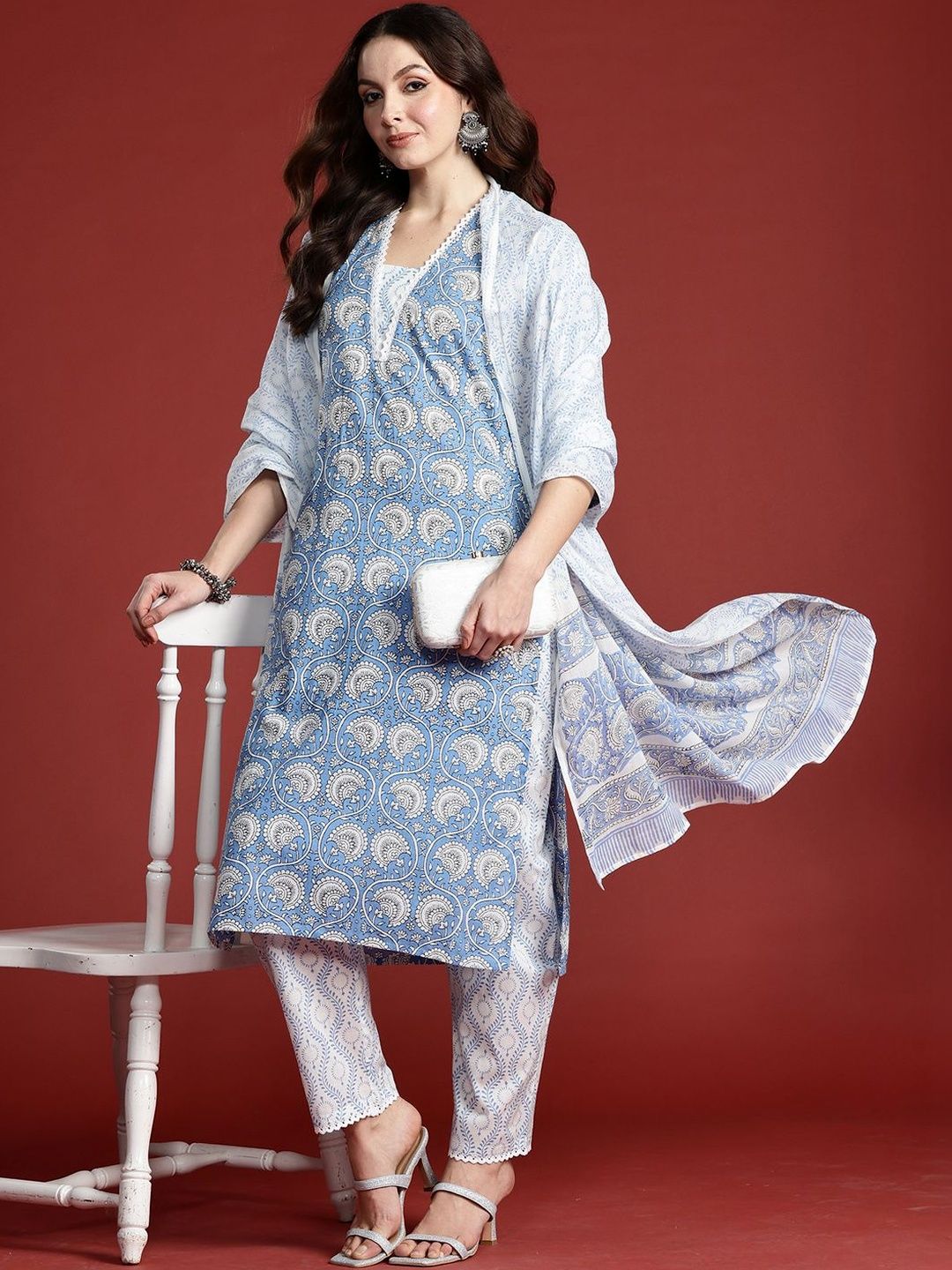 Women Ethnic Motifs Printed Regular Thread Work Pure Cotton Kurta with Trousers & With Dupatta