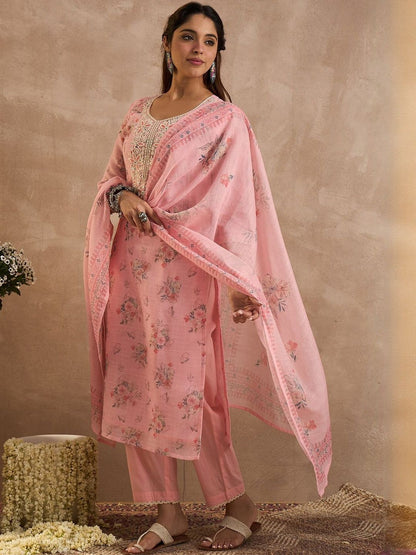 Women Floral Printed Linen Kurta with Trousers & Dupatta
