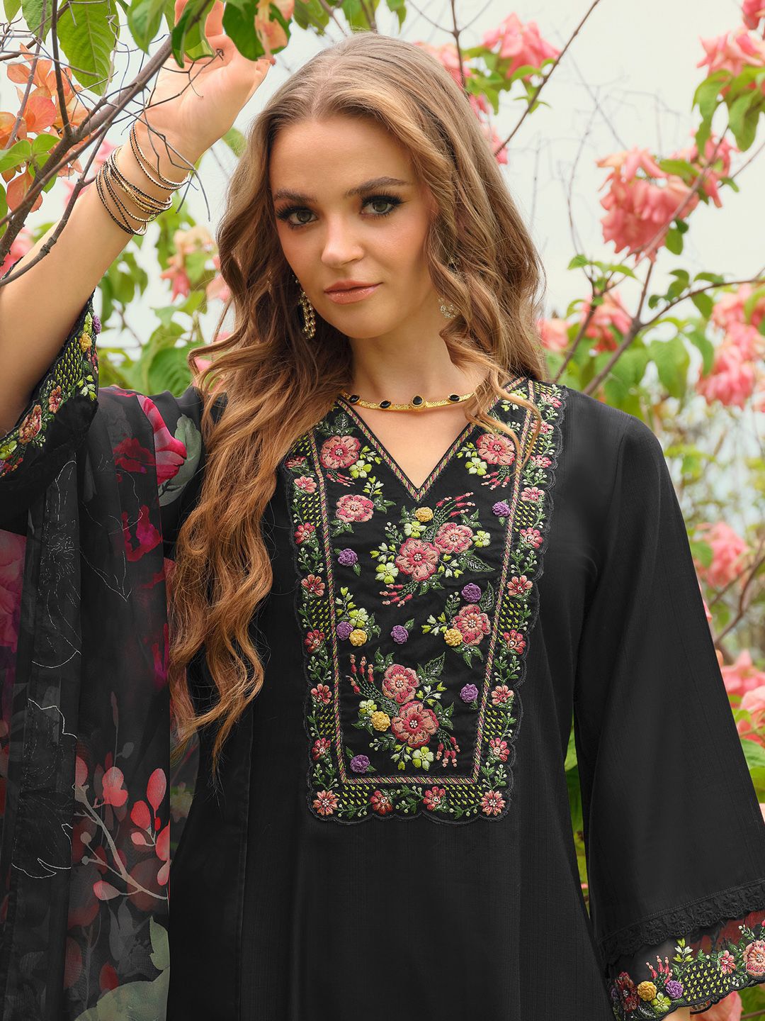 Floral Embroidered V-Neck Liva A-Line Kurta With Trousers & Dupatta