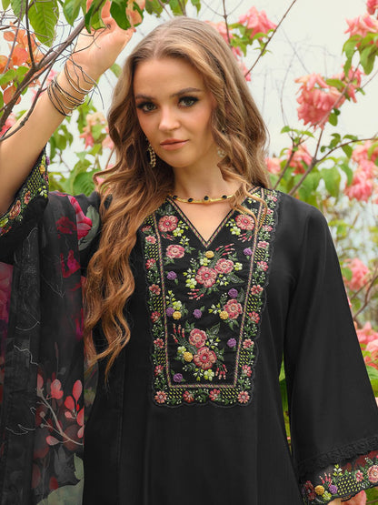 Floral Embroidered V-Neck Liva A-Line Kurta With Trousers & Dupatta