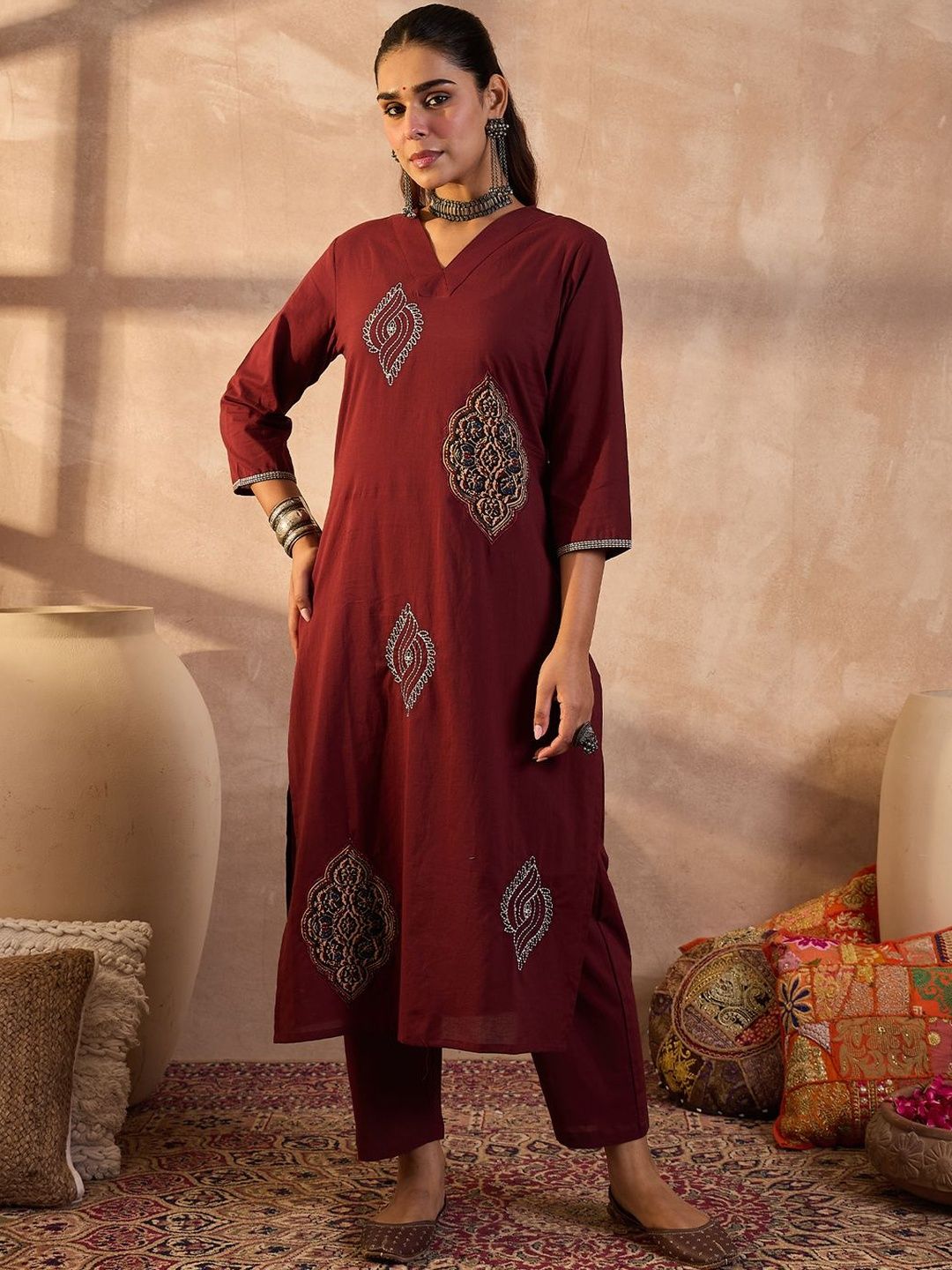 Ethnic Motifs Embroidered Thread Work Pure Cotton Kurta With Trousers & Dupatta