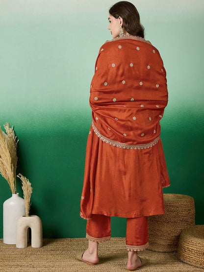 Dhiyona SN Women's Orange Floral Embroidered V-Neck Sequence Straight Kurta With Trousers & Dupatta