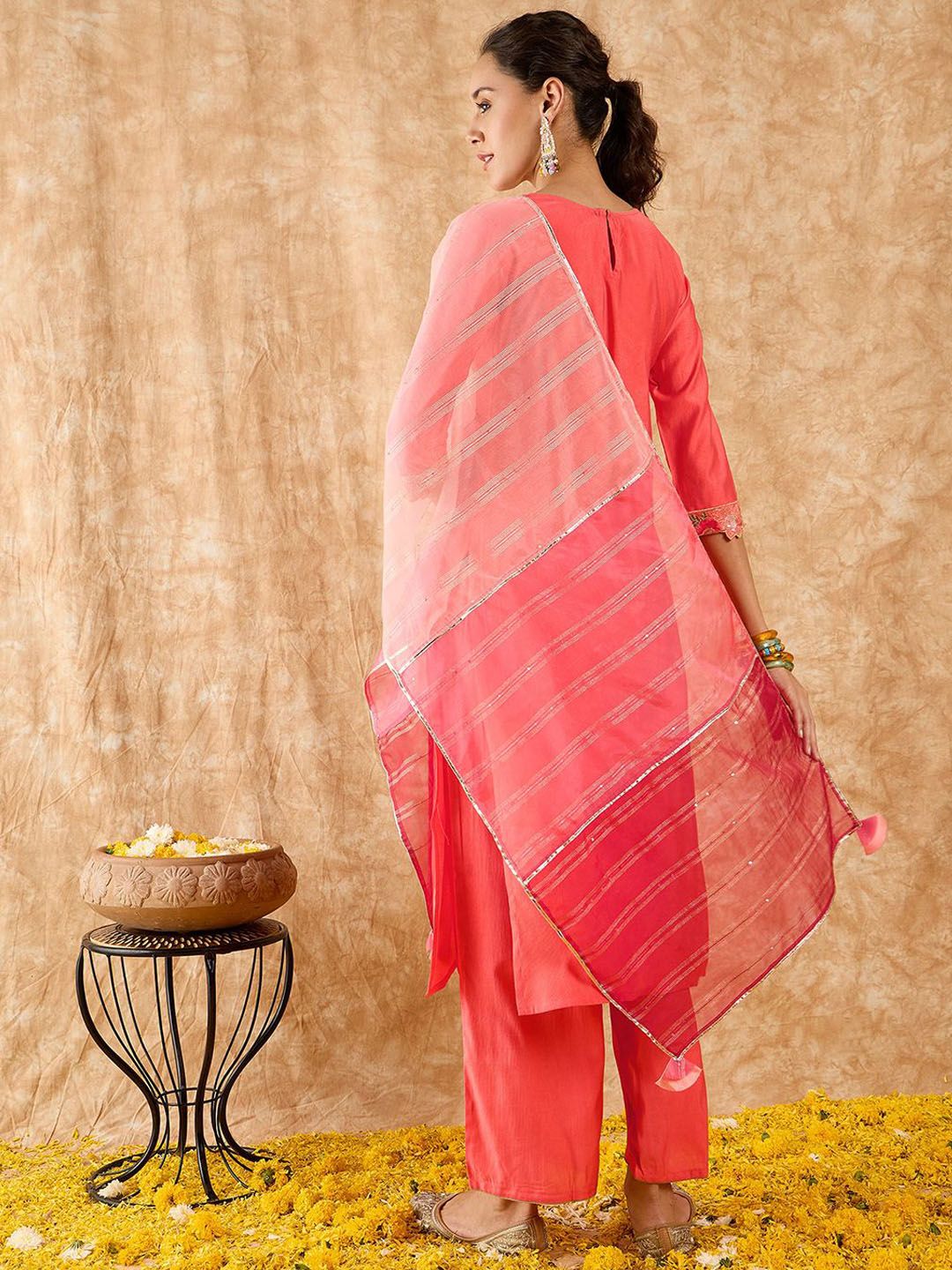 Floral Yoke Design Straight Sequinned Liva Kurta with Palazzos & Dupatta