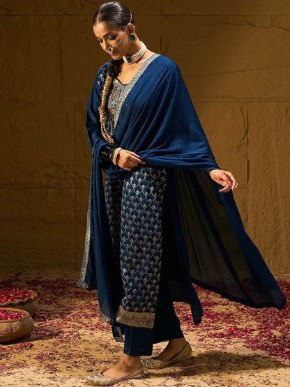 Ethnic Motifs Embroidered V-Neck Jacquard Straight Kurta With Trousers & Dupatta
