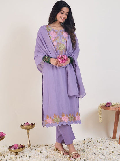 Floral Embroidered Thread Work Pure Cotton Straight Kurta With Trousers & Dupatta