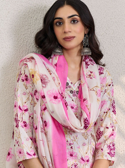Women Floral Printed Thread Work Pure Cotton Kurta with Trousers & Dupatta