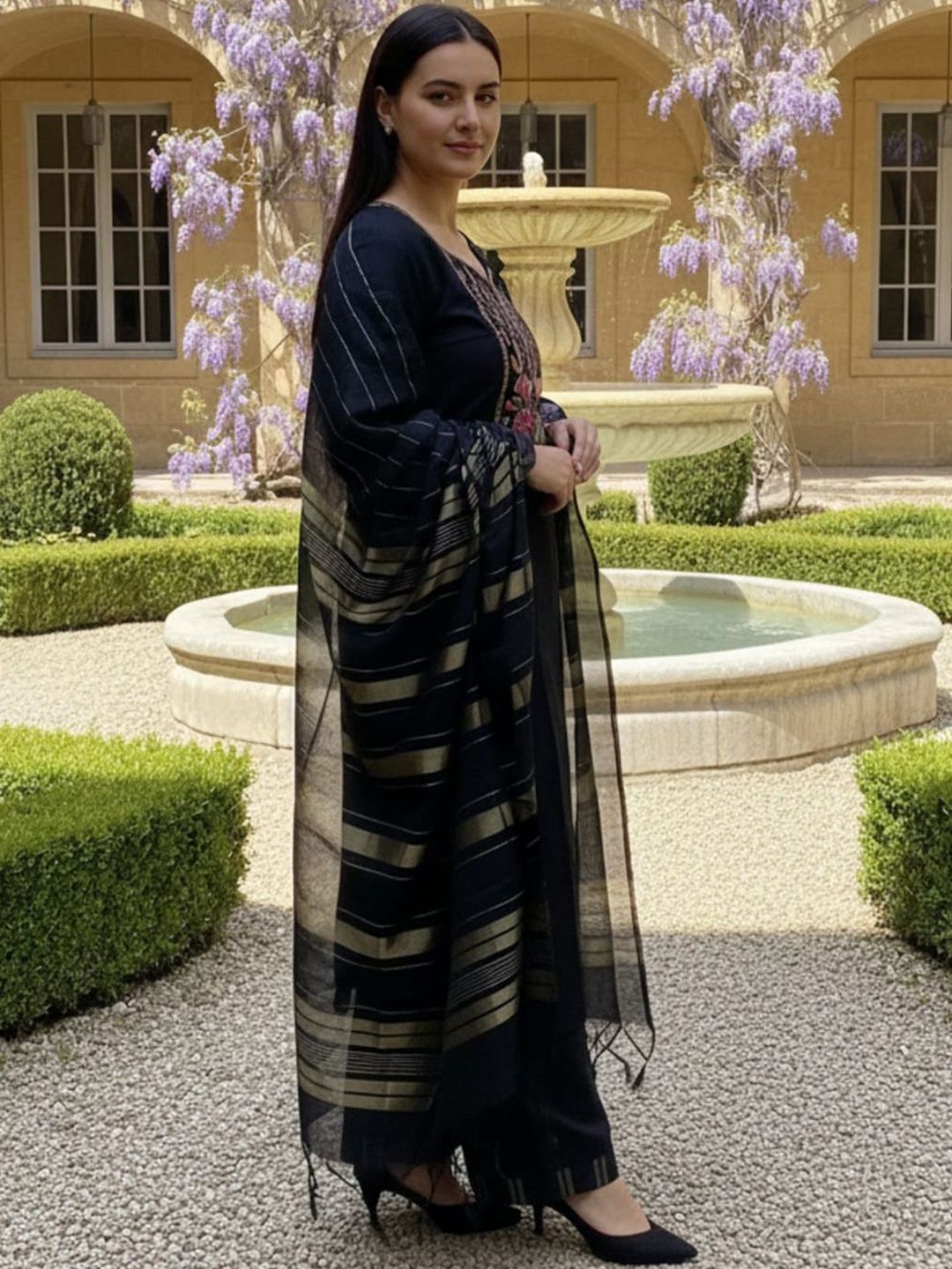 Women Ethnic Motifs Embroidered Regular Thread Work Pure Cotton Kurta with Palazzos & With Dupatta